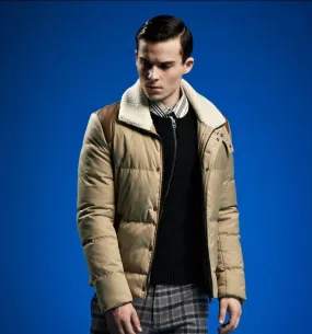 Short Padded Down Jacket for Men with Shearling and Leather Details