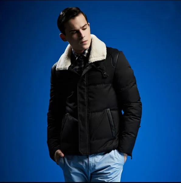 Short Padded Down Jacket for Men with Shearling and Leather Details