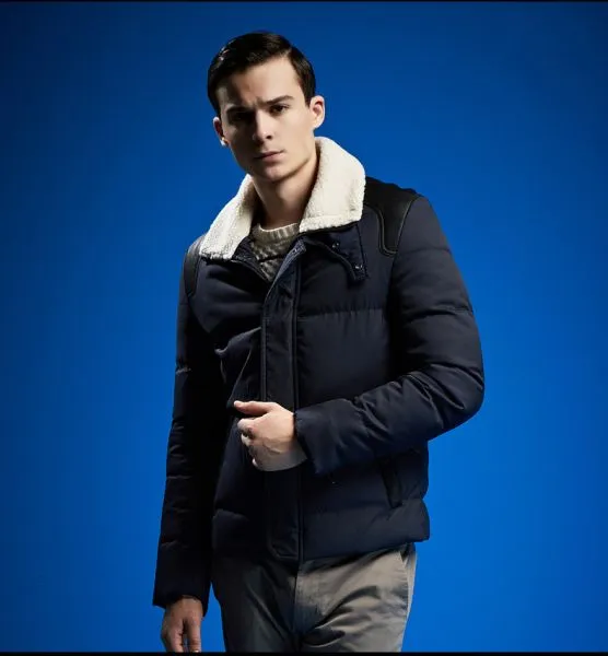 Short Padded Down Jacket for Men with Shearling and Leather Details