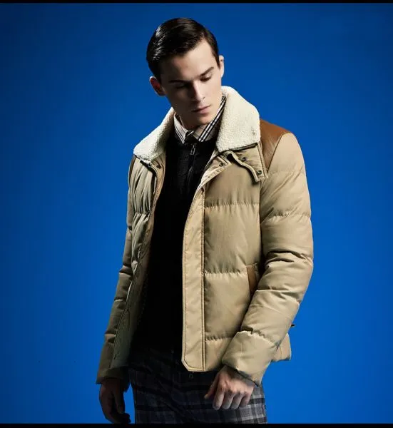 Short Padded Down Jacket for Men with Shearling and Leather Details