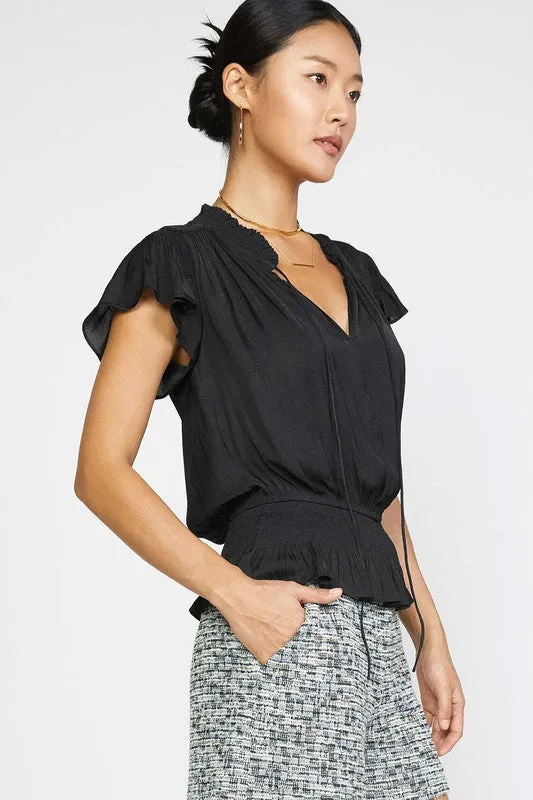 Split Neck Tie Blouse - Black