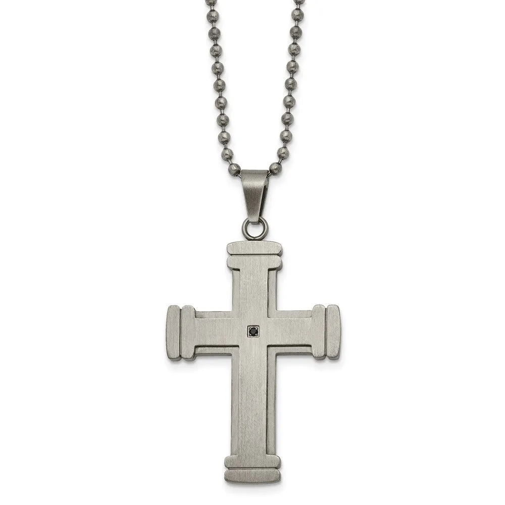 Stainless Steel & Black CZ Antiqued Brushed Cross Necklace, 22 Inch