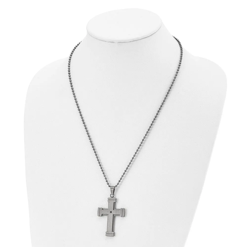 Stainless Steel & Black CZ Antiqued Brushed Cross Necklace, 22 Inch