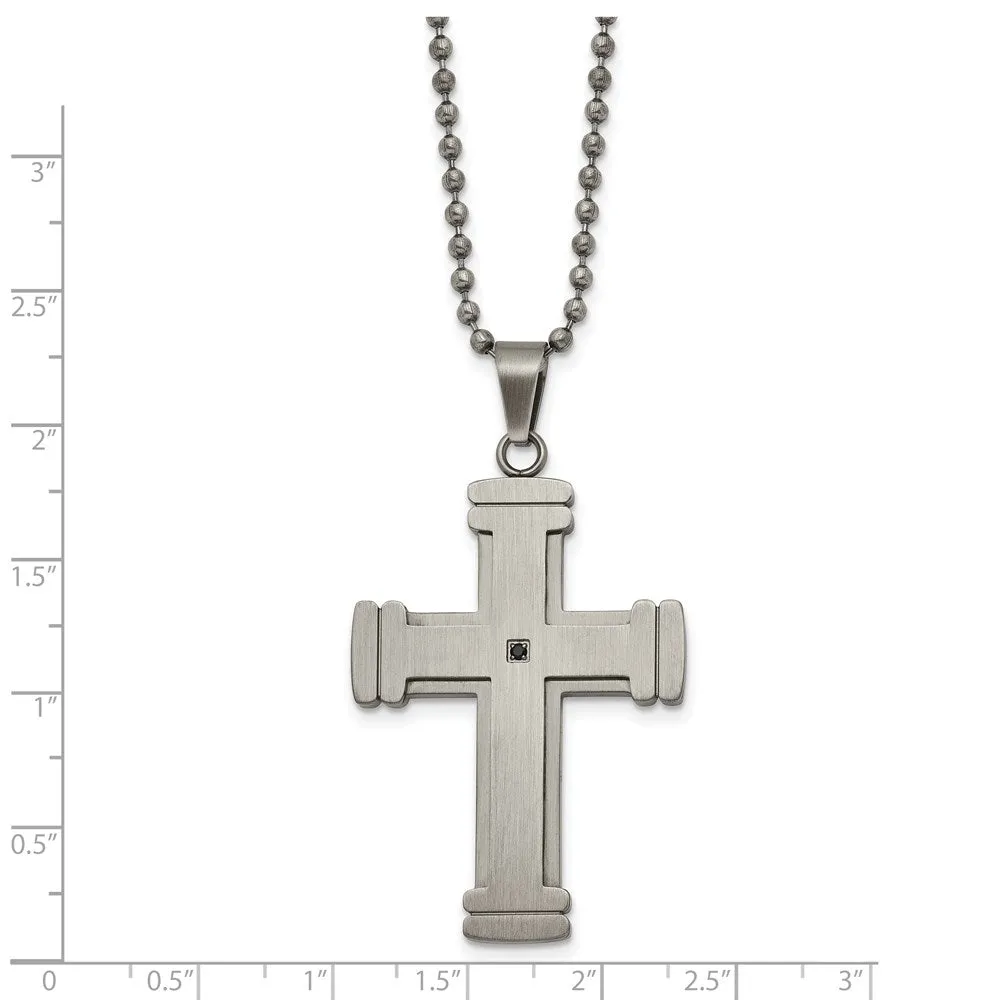 Stainless Steel & Black CZ Antiqued Brushed Cross Necklace, 22 Inch