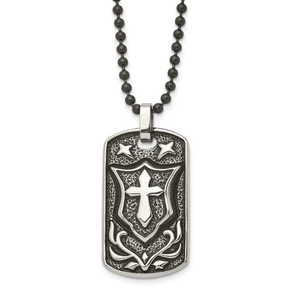 Stainless Steel Antiqued Embossed Cross Shield Dog Tag Necklace, 24 In