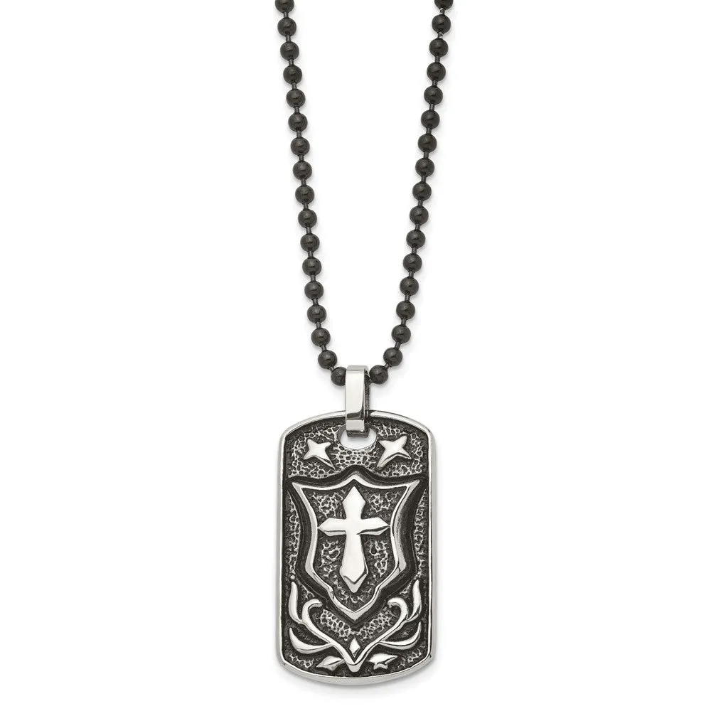 Stainless Steel Antiqued Embossed Cross Shield Dog Tag Necklace, 24 In