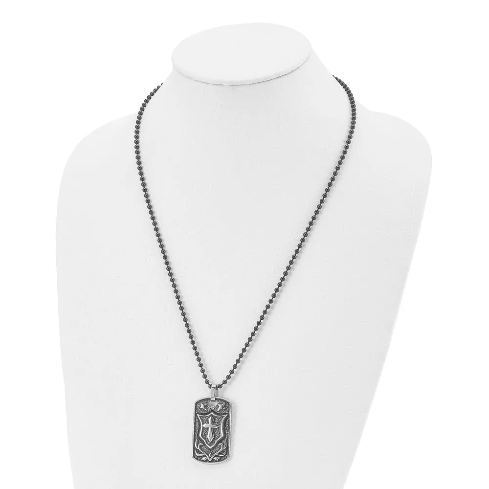 Stainless Steel Antiqued Embossed Cross Shield Dog Tag Necklace, 24 In