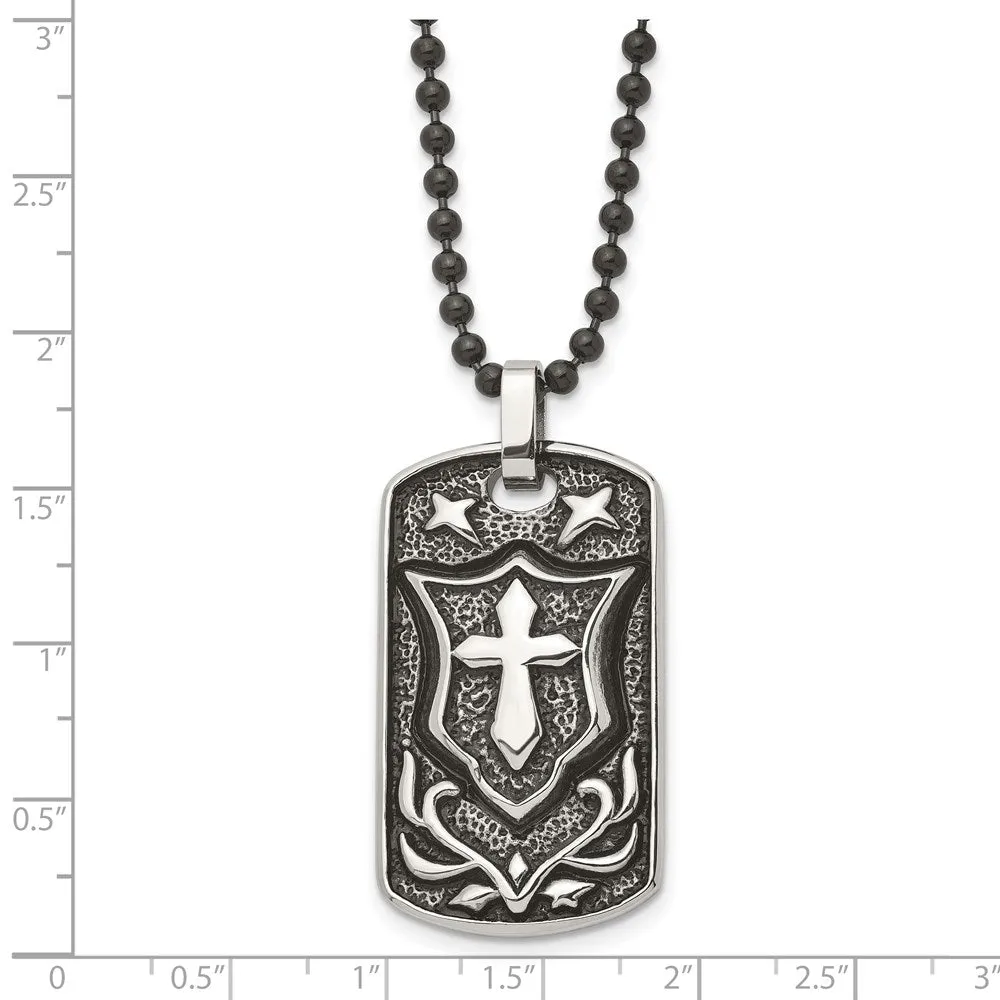 Stainless Steel Antiqued Embossed Cross Shield Dog Tag Necklace, 24 In