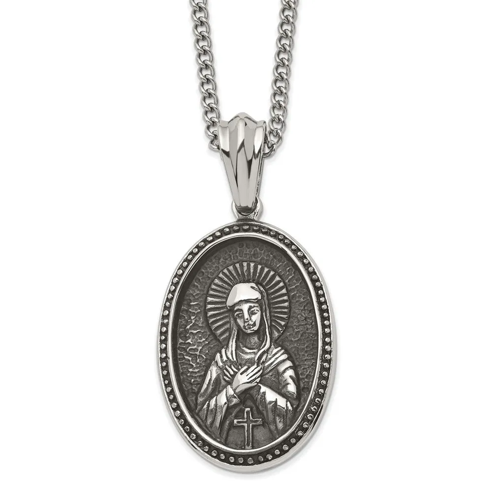 Stainless Steel Large Antiqued Our Lady of Guadalupe Necklace, 24 Inch