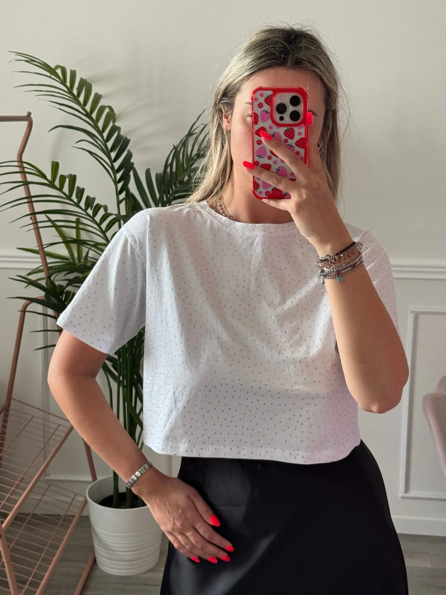 T-shirt crop con strass gioiello