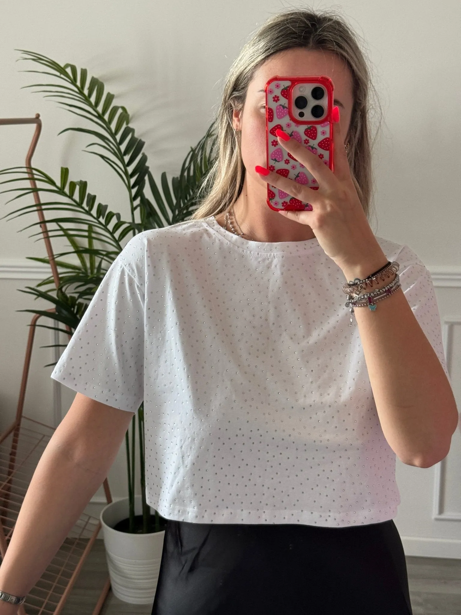 T-shirt crop con strass gioiello