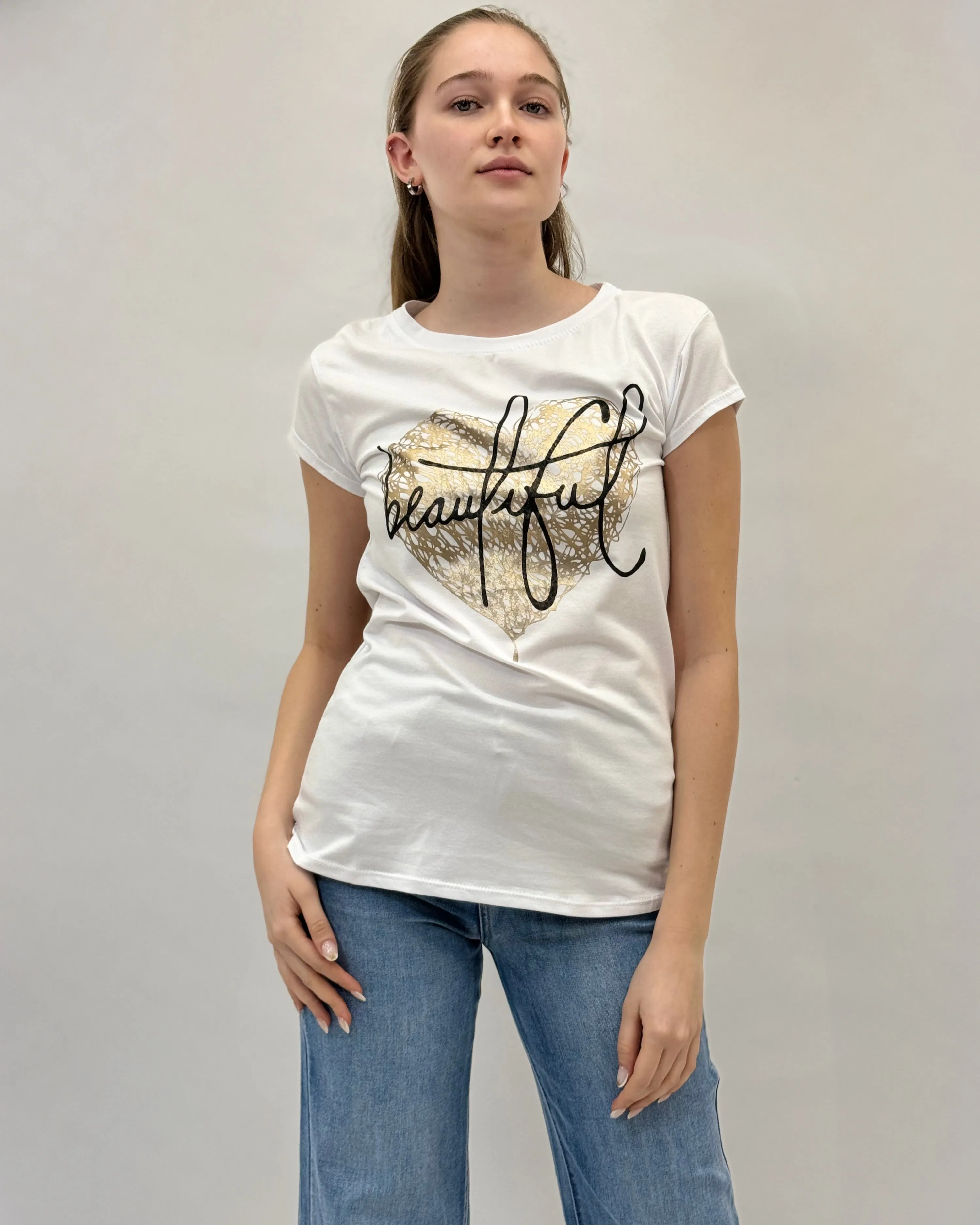 T-shirt in cotone con scritta beautiful