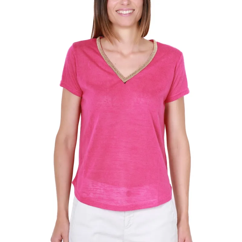 T-SHIRT SCOLLO A V IN MAGLIA, FUXIA