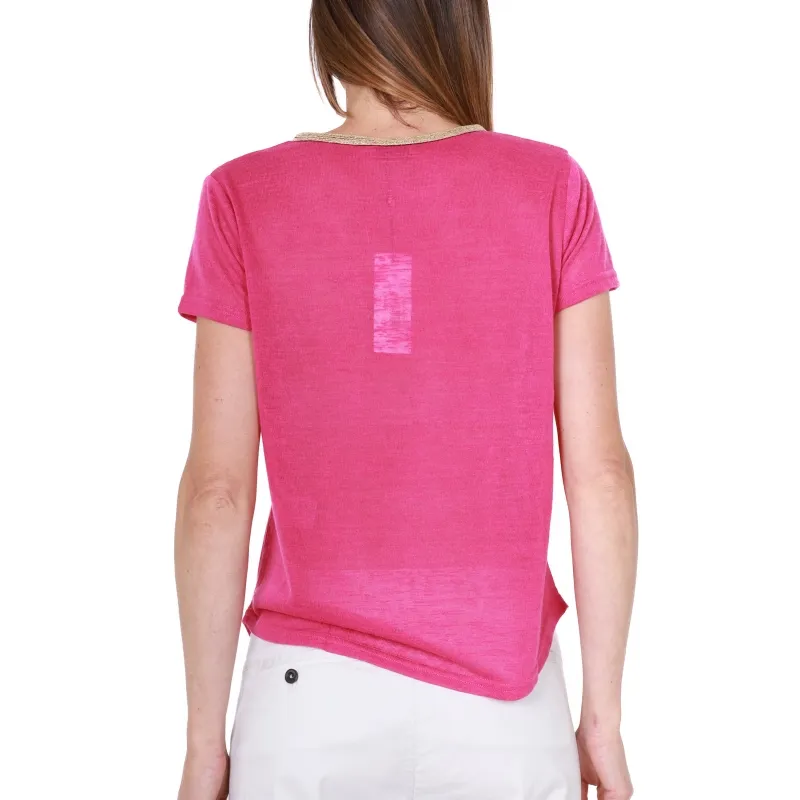 T-SHIRT SCOLLO A V IN MAGLIA, FUXIA