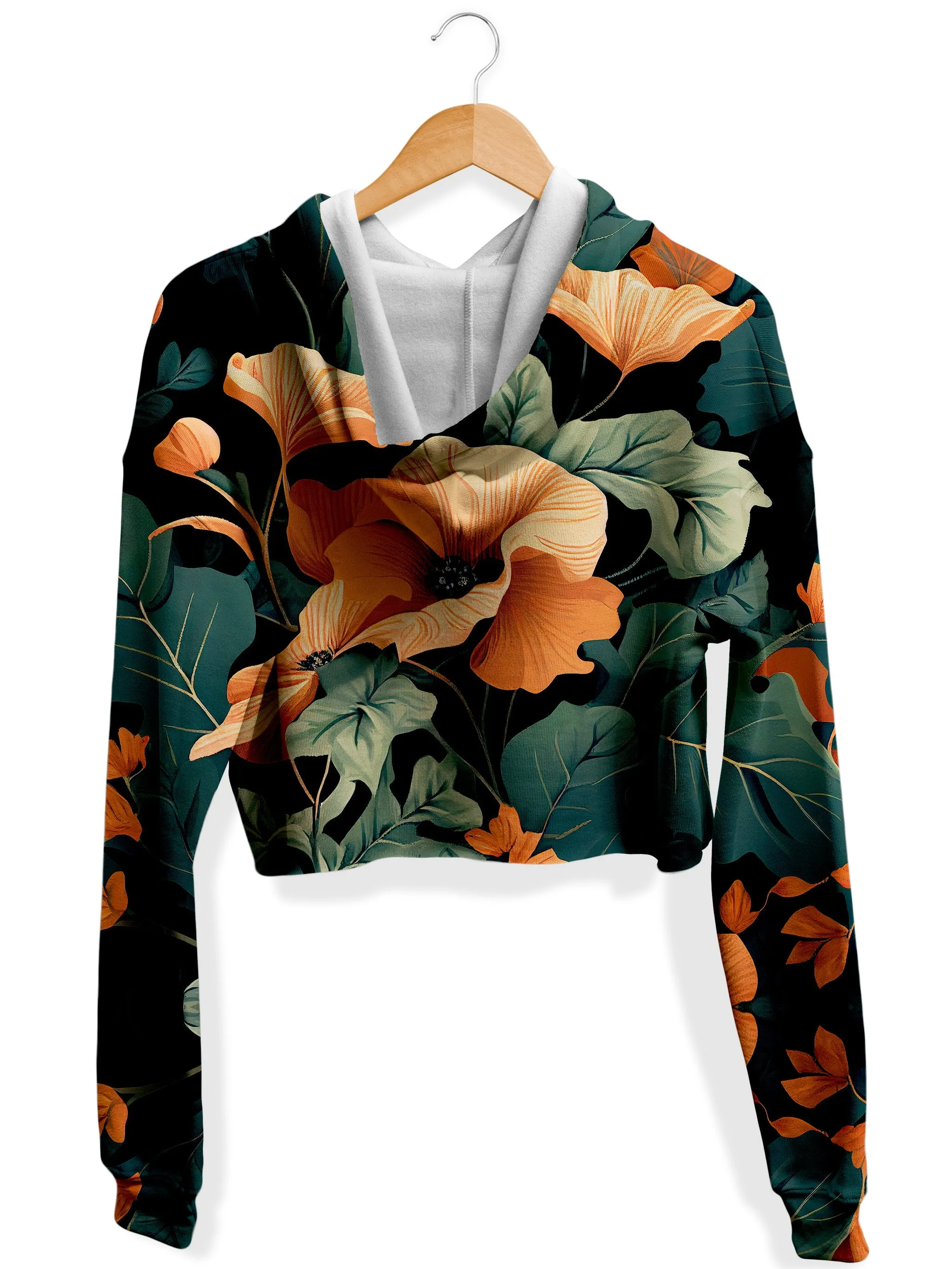 Tangerine Floral Fleece Crop Hoodie (Clearance)