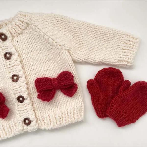 The Blueberry Hill Holiday Classic Knit Bow Cardigan, Cream & Red