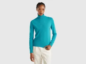 Turquoise turtleneck sweater in pure Merino wool - Turquoise | Benetton