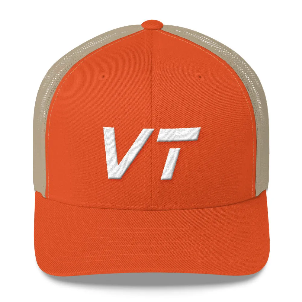 Vermont - Mesh Back Trucker Cap - White Embroidery - VT - Many Hat Color Options Available