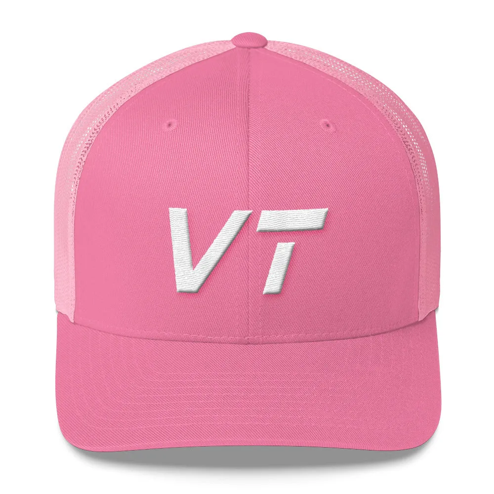 Vermont - Mesh Back Trucker Cap - White Embroidery - VT - Many Hat Color Options Available