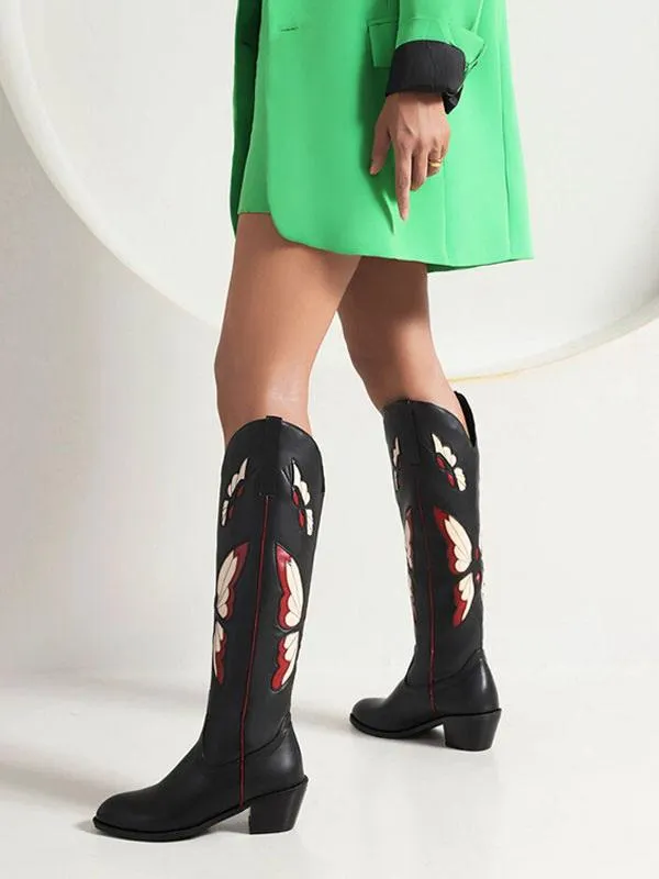 Women's Western Boots Black PU Leather Puppy Heel Knee High Boots